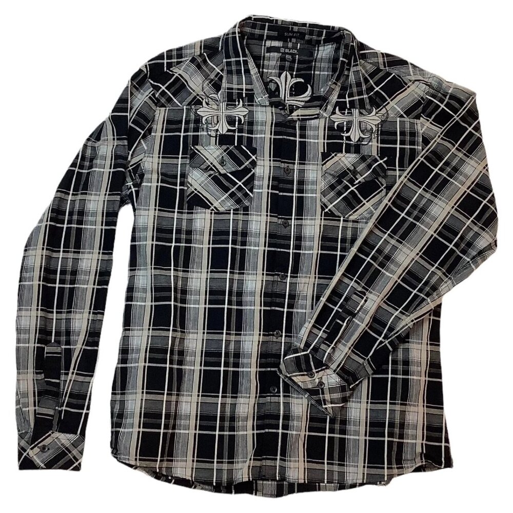 CJ Black Slim Fit Mens Shirt 2XL Plaid Button Up Long Sleeve Black